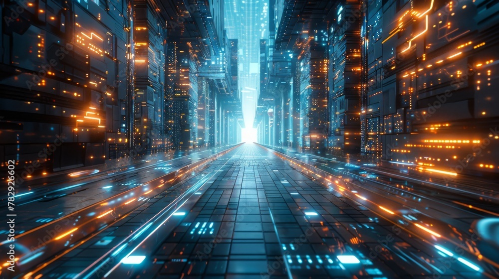 Poster The concept of a techno mega city with urban and futuristic urban technology concepts, a 3D rendering that is original...