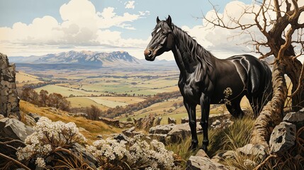 Majestic black stallion in pastoral scene. AI generated digital art of horses and rural landscapes. - obrazy, fototapety, plakaty