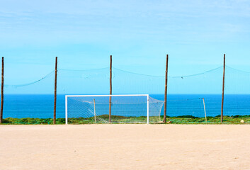 remote soccer sports field at the portuguese atlantic coast near Cabo Raso, Vicentina coast,...