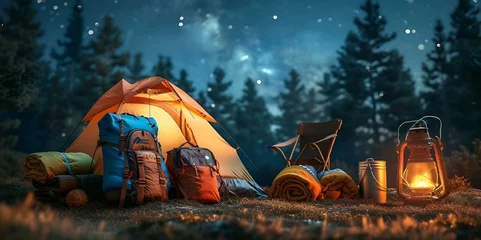 Fotobehang a person sleeping in a tent near a candle and camping rug © Wirestock