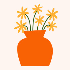 Modern floral flat vector illustration. Cutout style flowers vase. Botanical cute simple clipart