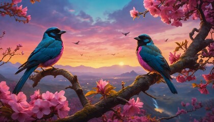 two birds perched on branches of a tree in a tree with pink flowers - obrazy, fototapety, plakaty