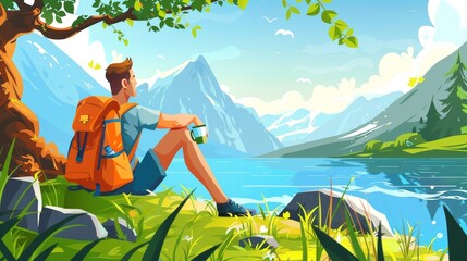 A young man enjoying hiking activity, drinking a cup of tea under a tree, admiring the river water, enjoying the summer vacation scene. Modern cartoon illustration of young man having rest near a