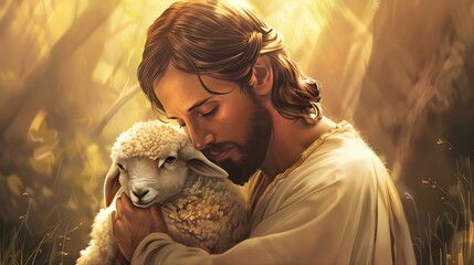 Jesus Christ is holding lamb gently, ai generative