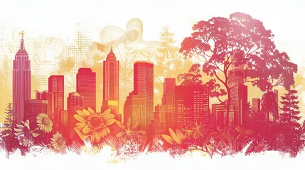 AI generated illustration of city skyline painting with foreground flowers