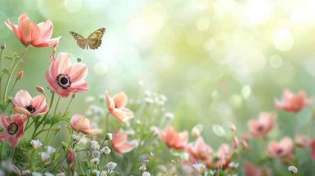 Beautiful pink flower anemones fresh spring morning on nature and fluttering butterfly on soft green background, macro. Spring template, elegant amazing artistic image, free space.