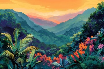 tropical jungle scene with trees and flowers at sunset canvas print