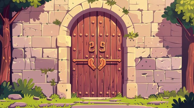 This is an old medieval castle wooden door with stone brick doorway. Cartoon modern illustration set of an old vintage gothic entrance to a mansion or church with a handle. Old gate with wood