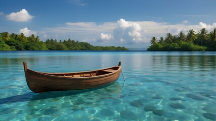 Naklejka na ściany i meble In calm waters, a single little wooden rowboat is anchored. The picture conveys a calm atmosphere. The horizon is blue with islands in the tropics. backdrop of nature. Create a flyer, cover, or... Con