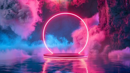 Fototapeta na wymiar Modern illustration of a round platform with bright ring border and fog cloud. Realistic modern illustration of a pink neon glow circular arch frame.