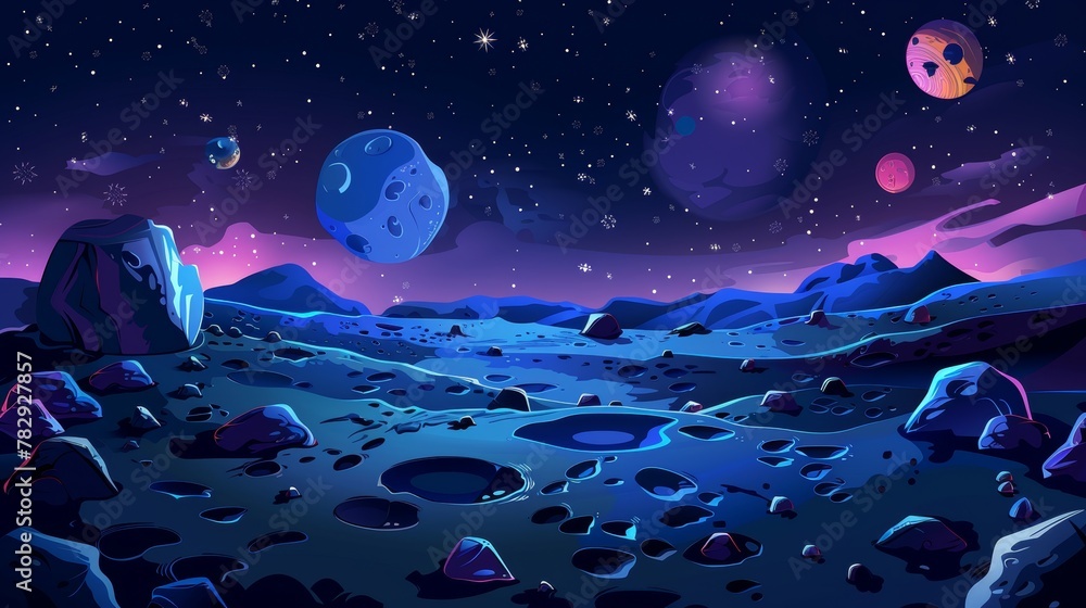 Poster planet surface with craters on the background of a dark blue cosmos sky with space bodies. fantasy u