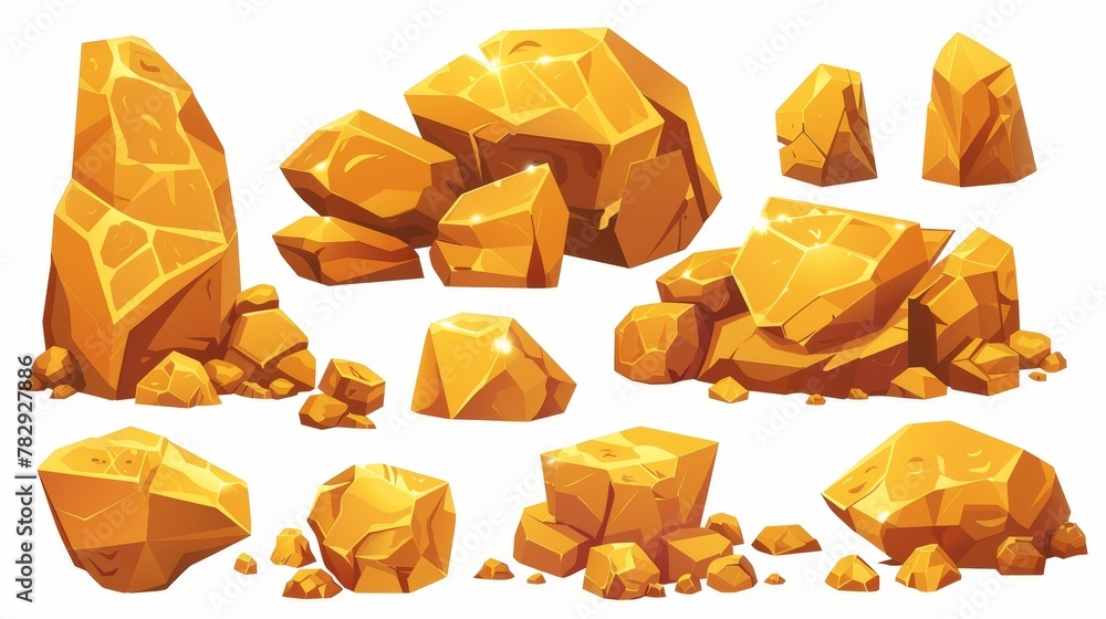 Aufkleber gold mine nugget piles of different sizes. cartoon modern illustration of yellow glossy shining trea