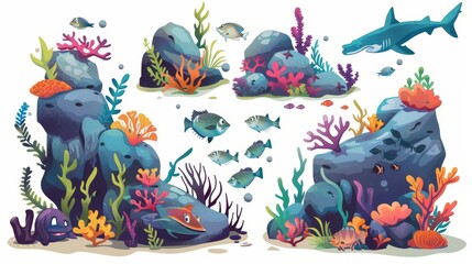 An illustration of fish, coral reefs and seaweeds isolated on a white background. Illustration of underwater seabed or aquarium bottom design elements, colorful aquatic plants, and a hammerhead