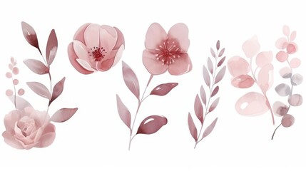 Vector illustration. Vintage watercolor flowers for decorating wedding cards. Watercolor of a minimalist floral in blush pink and romantic tones. On white background.