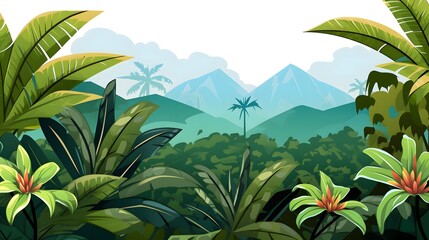 cartoon illustration background of tropical jungle and landscape with mountains, trees and flowers
