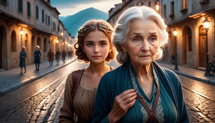 Fototapeta na wymiar An elderly woman and a young girl walk through an old European town street at dusk, their faces illuminated by the warm glow of the setting sun.. AI Generation