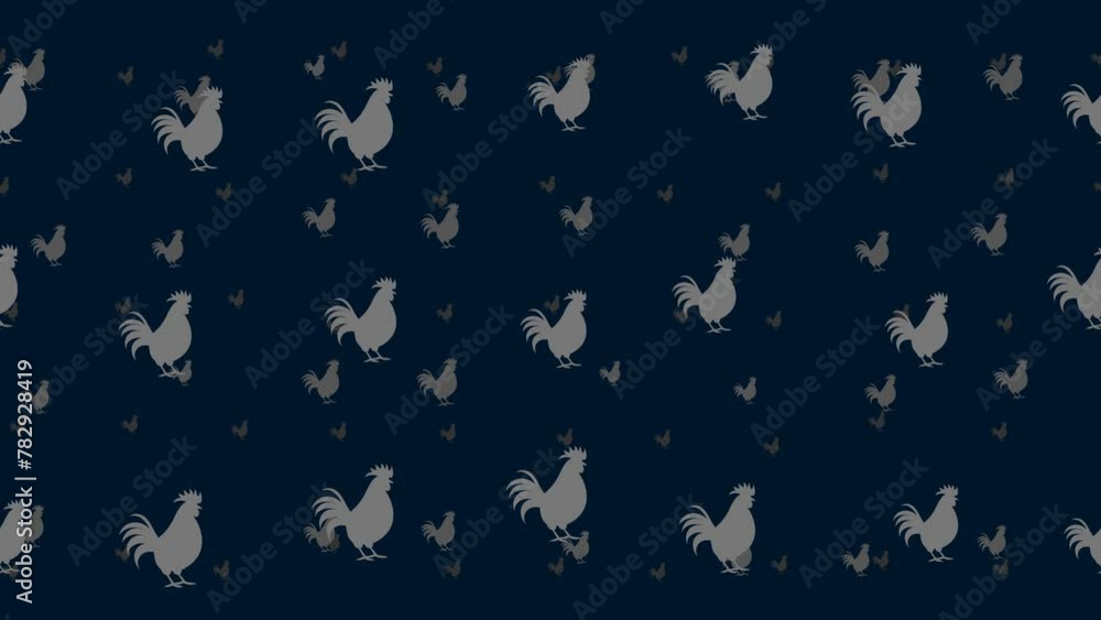 Poster rooster symbols float horizontally from left to right. parallax fly effect. floating symbols are loc