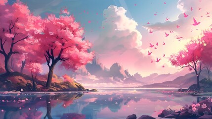 Dreamy pink trees landscape with the blue sky, illustration wallpaper