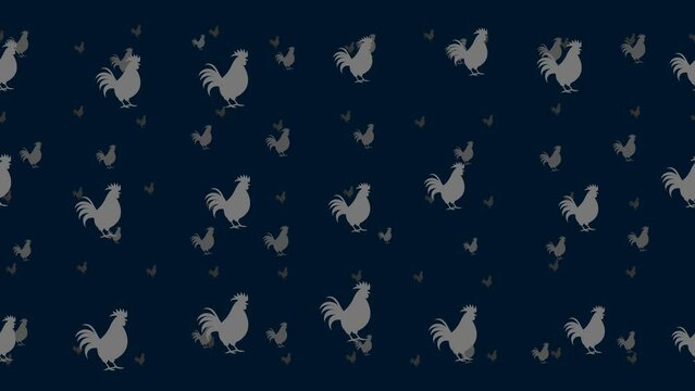 Rooster symbols float horizontally from left to right. Parallax fly effect. Floating symbols are located randomly. Seamless looped 4k animation on dark blue background