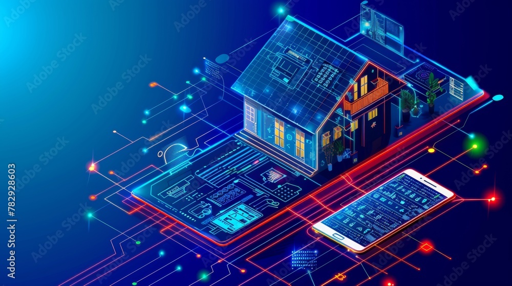 Poster an isometric view of a smart home, mobile, and house with a digital interface for the future