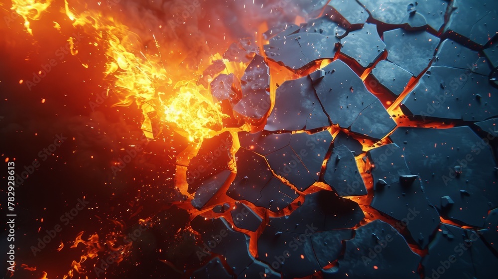 Poster explosion power design with crushing surface. fire shines through cracked surface. 3d illustration.