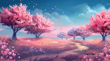 Fototapeta na wymiar Dreamy pink trees landscape with the blue sky, illustration wallpaper