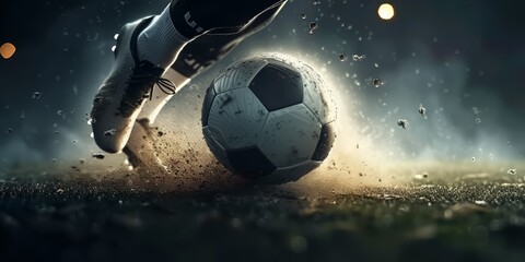 a person is kicking a soccer ball in the dark