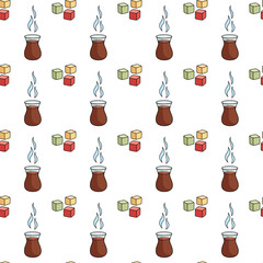Seamless pattern with Turkish tulip shaped teacup and Turkish Delight. Traditional elements of Turkish culture. Texture with Turkish national tea party. Vector illustration, white background.