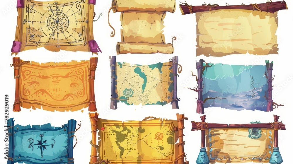 Poster old map with treasure parchment scroll. papyrus roll frame icon set. blank scroll for message or ann