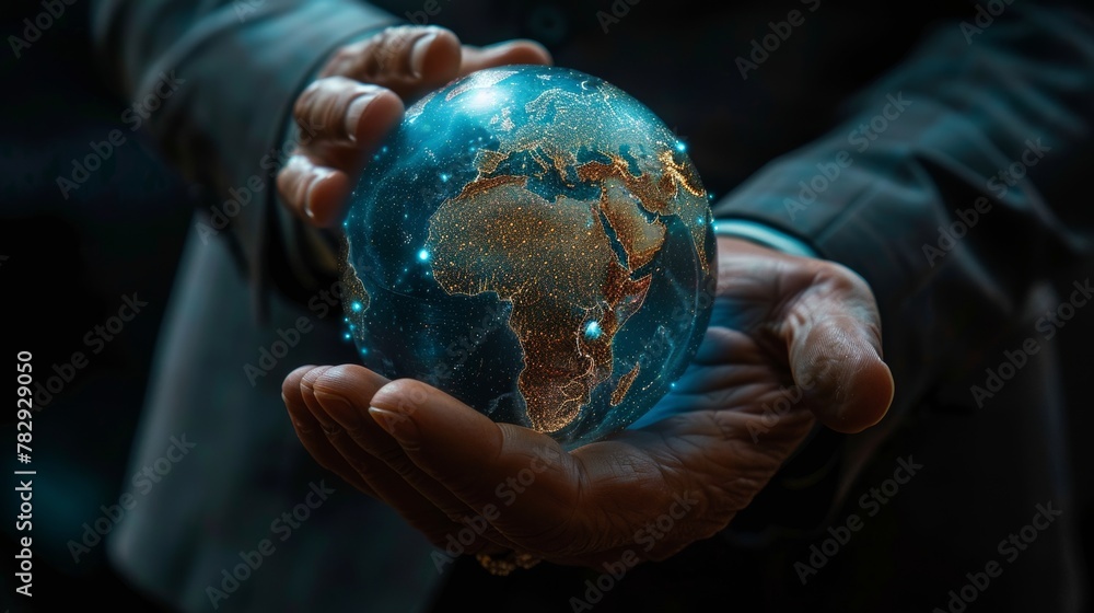 Poster Using Europe map globe network hologram 3D rendering, a businessman holds a globe in the dark