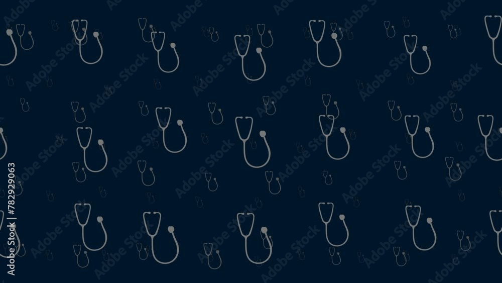 Poster stethoscope symbols float horizontally from left to right. parallax fly effect. floating symbols are