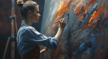 A female artist is painting on the wall, holding a paintbrush and creating abstract art with vibrant colors