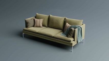 3d rendered cream sofa with a blanket and pillows on it against a grey background