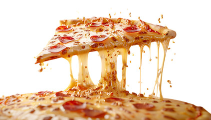 A highly realistic photo of an entire pizza with cheese melting off the side, against a white background