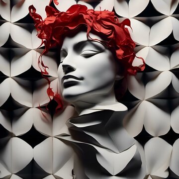 AI generated illustration of a mannequin in red floral wreath against white wall with black squares