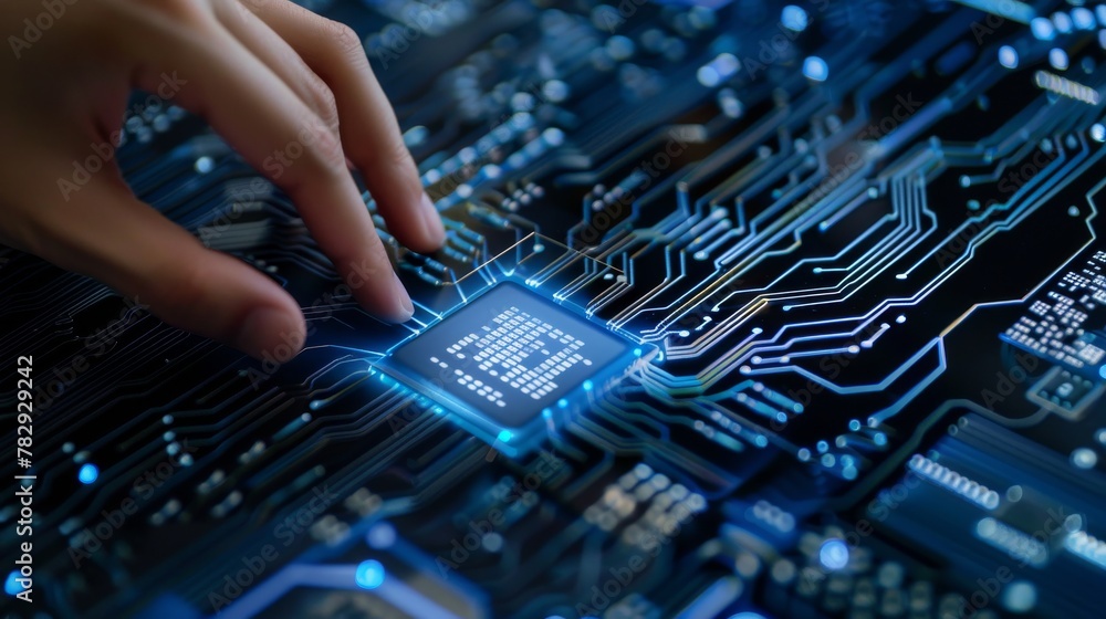 Leinwandbilder A UI that includes artificial intelligence (AI) through machine deep learning and data mining, as well as other modern computer technologies by hand touching CPU icons.