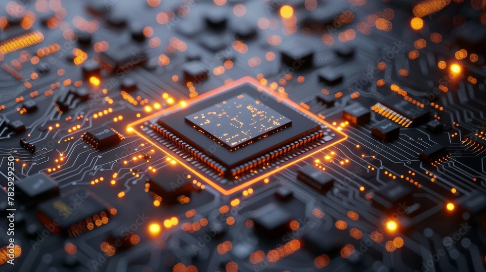 Aufkleber A rendering of digital binary data on a microchip with a glowing circuit board background. It is intended for use in deep learning, crypto currencies, hi-tech products, big data visualization, and