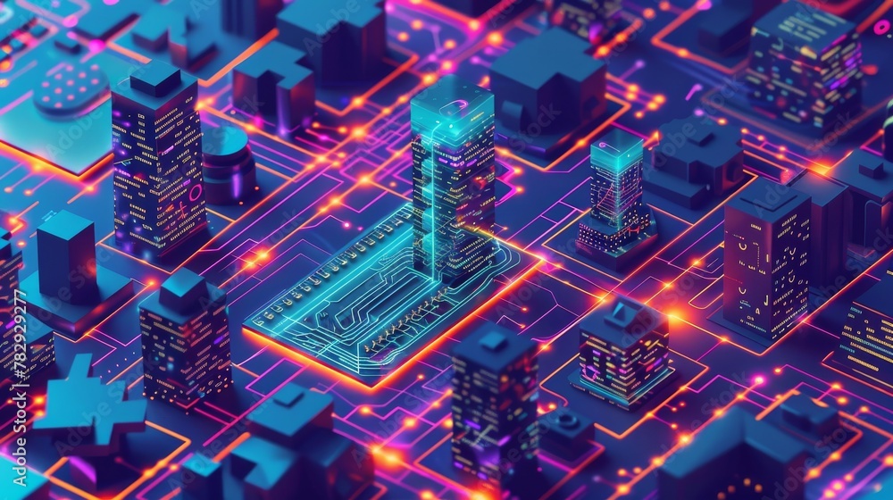 Aufkleber this isometric concept shows a smart city with a microchip containing buildings and an electronic pa