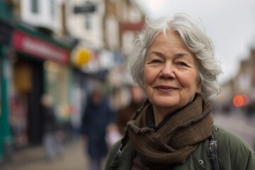 Portrait of a happy senior woman in the city. Shallow depth of field.