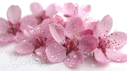 Delicate Cluster of Pink Blossoms on a White Background, Adorned with Dew Drops on Petals
