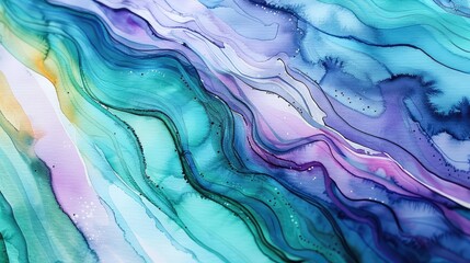 Swirling Blend of Blue, Purple, and Green Hues on a Watercolor Paint Palette