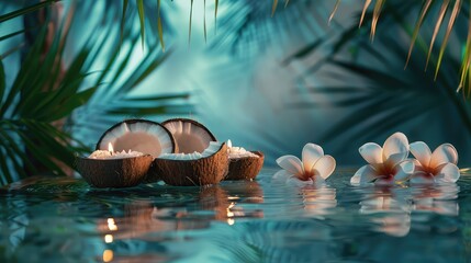 Luxurious Spa Scene: The Use of Coconut Oil for Relaxation and Rejuvenation - obrazy, fototapety, plakaty