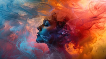 Portrait of Woman Enveloped in Vibrant, Multicolored Smoke