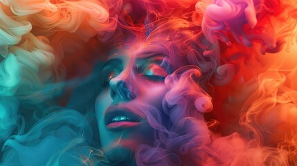 Portrait of Woman Enveloped in Vibrant, Multicolored Smoke - obrazy, fototapety, plakaty