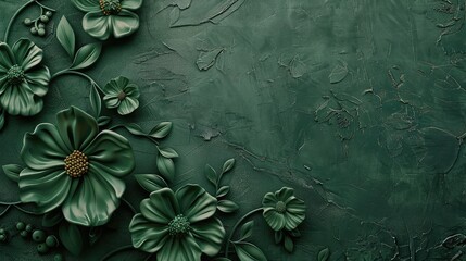 Dark Green Decorative Texture of Plaster Wall with Volumetric Decorative Flowers - obrazy, fototapety, plakaty