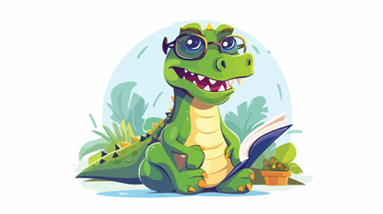 Dinosaur in glasses reading book. Education novel i