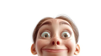 Wide Angle Shot of a Girl with Bulging Eyes and a Wide Smile, Making a Funny Face on a White Background