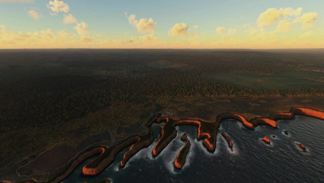 Sunset aerial view of the coast of Loch Ard Gorge at Port Campbell in Victoria. Australia
