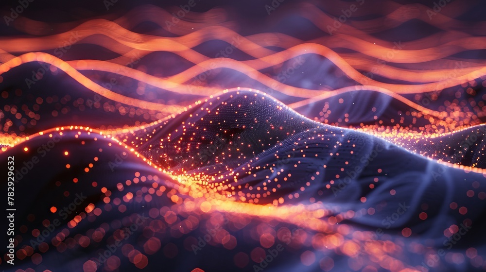 Poster The abstract background contains luminous particles moving through the air in 3D. Digital technology.