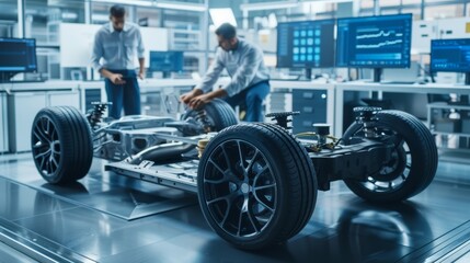 Working with a computer and a 3D CAD software, the engineer tests a prototype electric car chassis stand-alone with wheels, batteries and engine within a high-tech development lab.